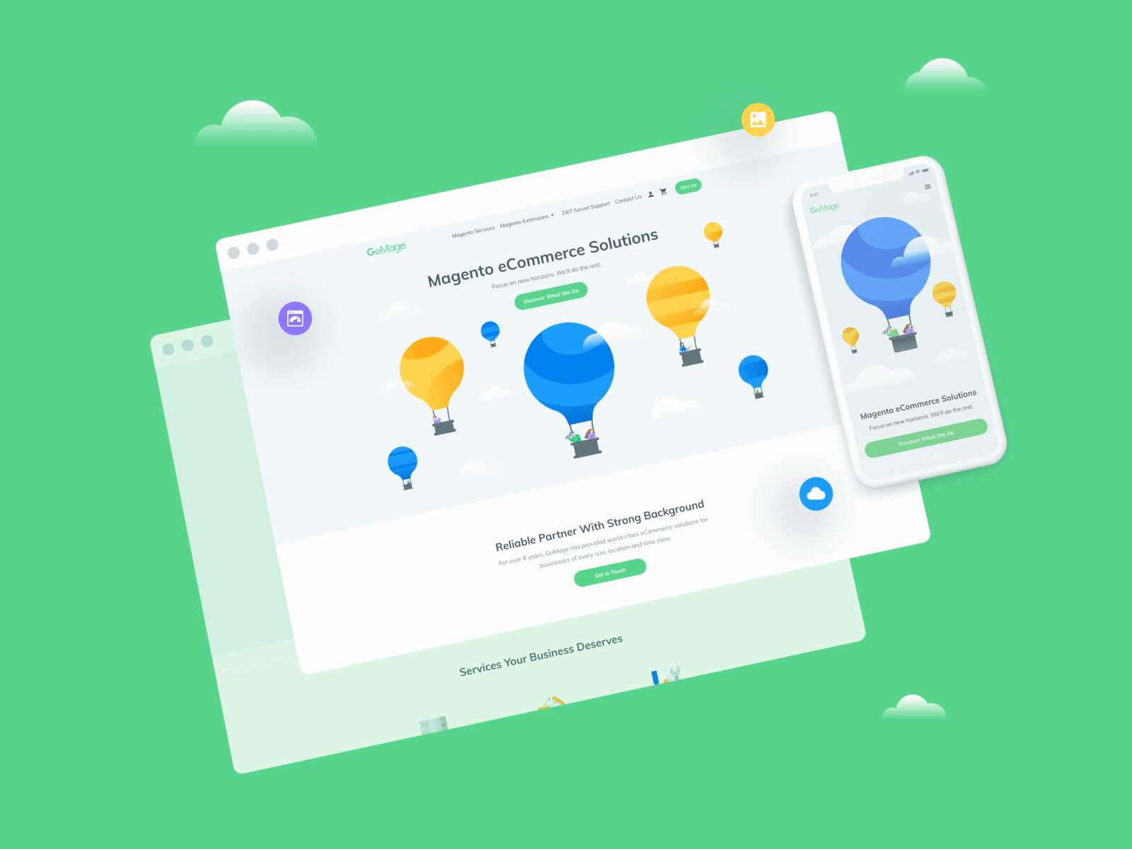 GoMage Redesign animation balloons clouds design ecommerce flat gif illustration magento redesign ui ui design ux ux design web webdesign