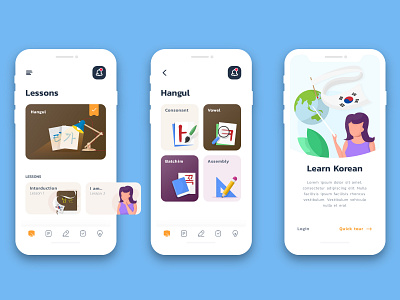 Learn Korean App bright flat illustration iphone language learning learning app material design ui