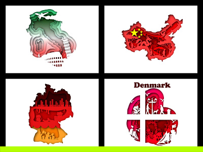 Vector set of illustrations in paper art style adventure art carved china city countries country cut denmark germany italy journey logo out paper papercut style tourism travel vector