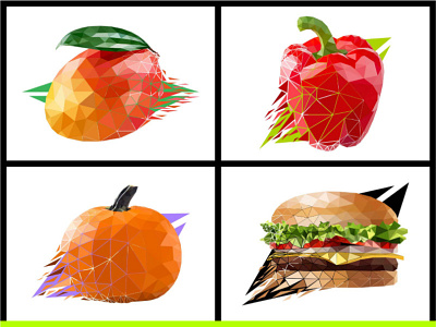 Vector illustrations art burger emblem food fruit icon logo low mango pampkin pepper poly polygonal sign style symbol triangle triangular vector vegetable