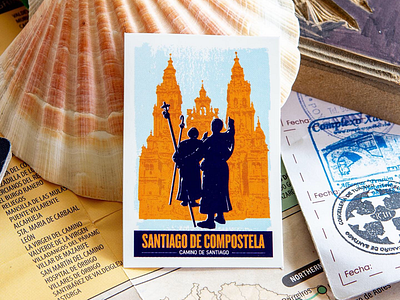 Santiago De Compostela, vintage luggage label sticker adventure camino camino de santiago luggage label pilgrimage retro spain sticker travel vintage