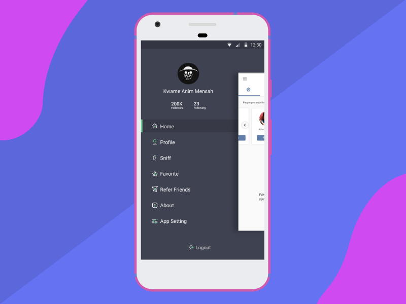 Sniff app side navigation uidesign profil side menu side navigation side nav side bar profile dark stream music ux ui mobile apps