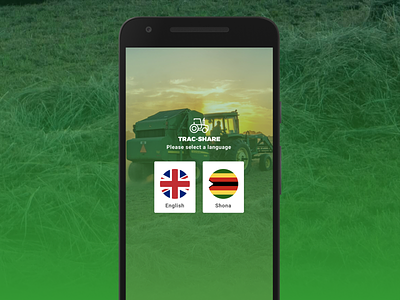 Tractor Service app. Language screen agriculture android app equipment farm green hire languages mobileapp option select selected share tractor ui ux design
