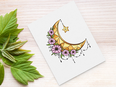 Floral moon with cosmos flowers cosmos crescent decor decorative design digital art digital illustration drawing floral flower illustration leaves moon nature nature illustration ornament ornamental