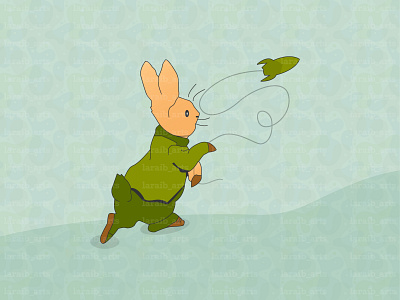 Rabbit Mascot/Cartoon holding a Cord running with a Spaceship