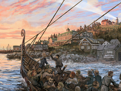 Vikings Visit Monhegan advertising canvas digital painting history illustration landscape ocean painting sailing seascape