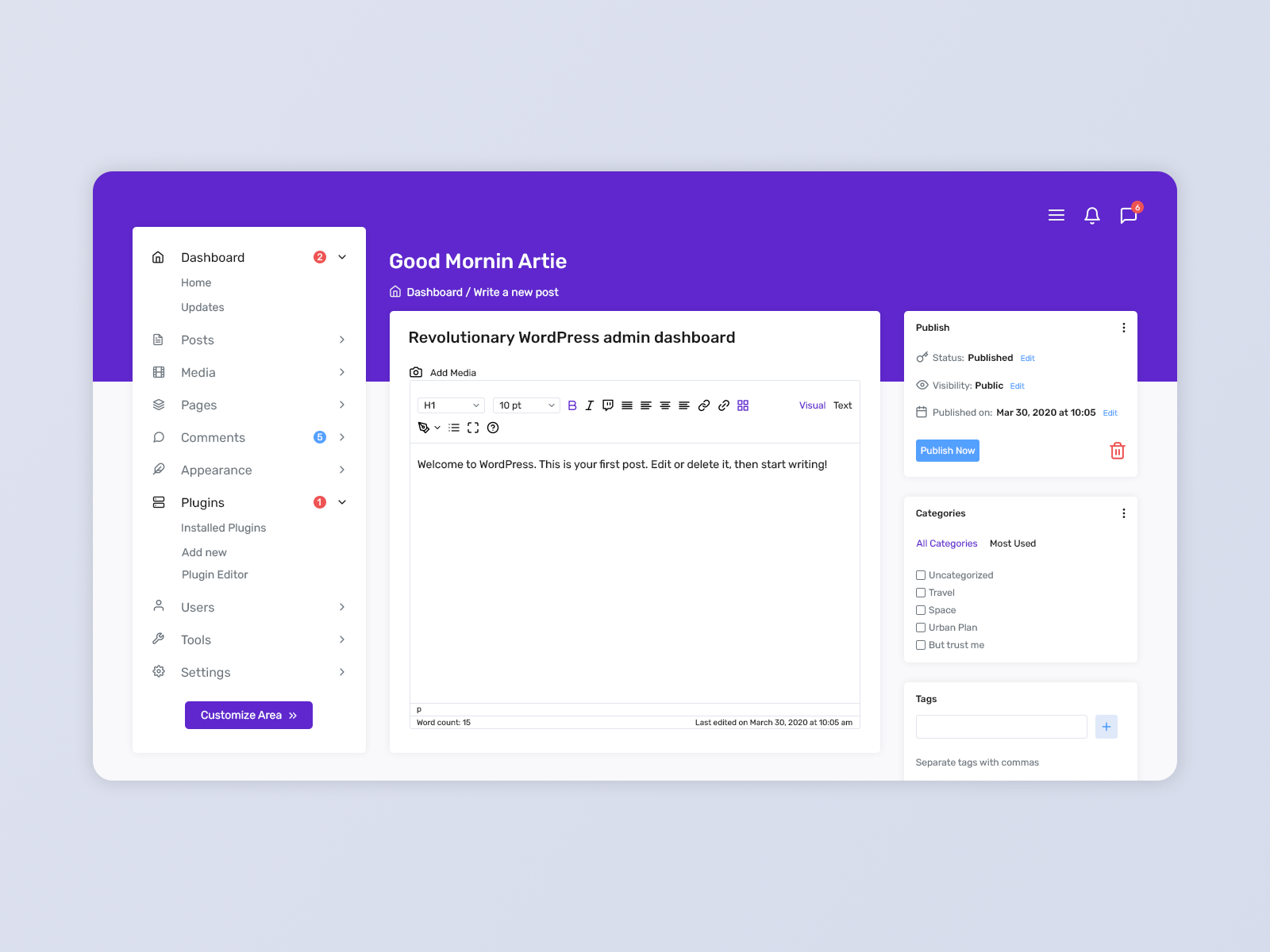 Revolutionary WordPress admin dashboard template by Brartie on Dribbble