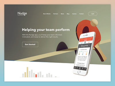 Nudge Rewards Marketing Site accelerator communication marketing mobile monitoring motivation one page ping pong product responsive splash startup