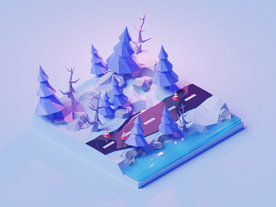 Winter road 3d abstract illustration lowpoly render