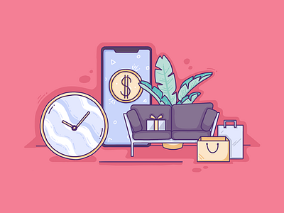 Phone Time Money art cute illustration line procreate room ui