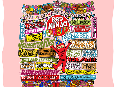 Red Ninja Year 8 Fest Poster artwork branding custom typography event branding hand drawn type handlettering lettering logo logo design typography