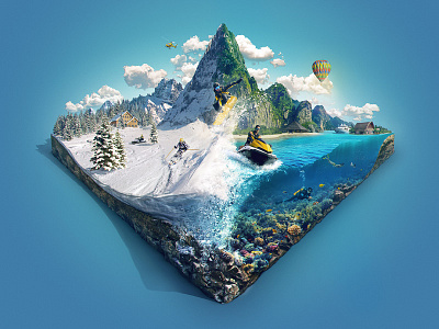 Travel Vacation 3d 3d art 3d visual cgi coral cut away diving island ocean snow snowboard sports travel traveling trip tropic underwater