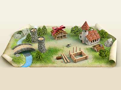 Little Town 3d Icon Illustration 3d aerial bathhouse birds bridge church collage compositing eye game grass icon illustration make of map river rock rural tower town tree view water well
