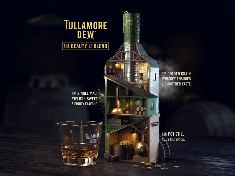 Triple Blend - Cinemagraph - Creative Infographic 3d alcohol animation beer blend cgi cinemagraph cutaway distillery drink idea illustration infographic key visual motion tullamore vineyard whiskey whisky wine