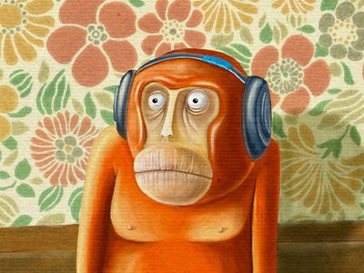 Monkey Play 13mu animals flowers gaming headphones humor illustration joystick monkey orange play