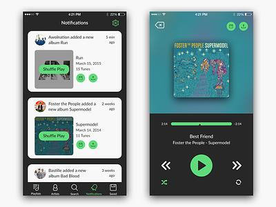 Music Streaming App Notifications & Now Playing Screen clean flat ios iphone minimal neat ui