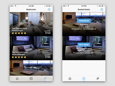 Hotel Booking App Bookmarks & Booked Hotels Screens clean flat ios iphone minimal neat ui