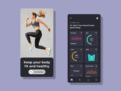 Health Monitoring App app application dark theme design excercise fit fitness food app gym healthy mobile monitor monitoring running app sleeping app ui ux walking app working out workout