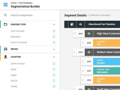 Segmentation Builder app builder condition data marketing campaign material design segment segmentation tool user interface