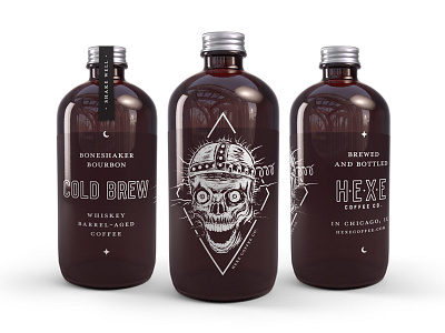 Hexe Coffee Co. 8oz. Cold Brew boneshaker bottle bourbon coffee cold brew diamond illustration label packaging skull