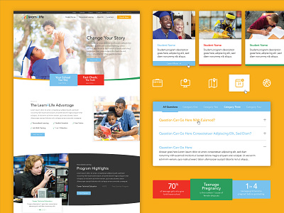 Learn4Life :: Homepage blog cards blue card style colorful education facts green homepage icons kids learning navigation red tab testimonials ui ux web design yellow