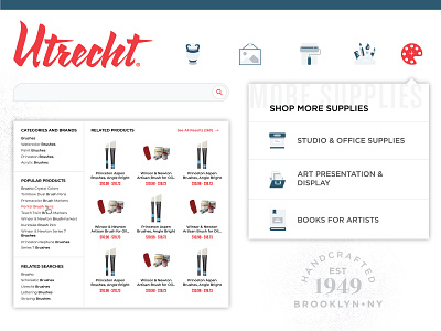 Utrecht :: Navigation Flyouts art art supplies b2b b2bc drop down e commerce hover iconography icons illustration navigation product shop store web design