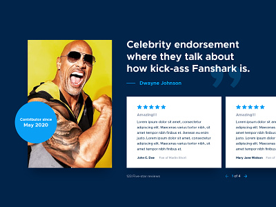 Fanshark :: Testimonials app card style celebrities ecommerce fandom fans homepage merch merchandise mvp product design pull quote quote testimonial ui web web app website