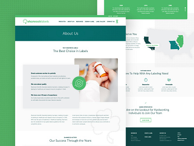 Shamrock Labels :: About Page about benefits history labels locations medical shamrock ui ux web web design