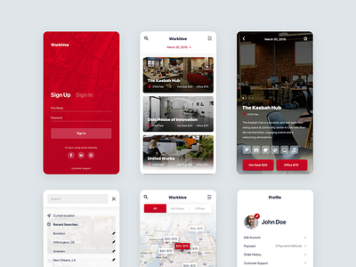 Workhive app application bright clean cowork design interface red scherbik simple style ui web