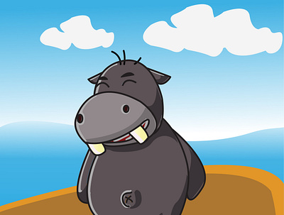 SMILLING HIPPO animal big animal blue dessert animal grey hipopotamus hippo ilustration morning smile smiley face vector