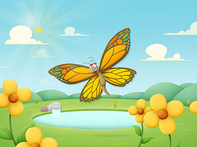 Sarah the Butterfly butterfly clouds design dettol digital flowers grass hills holler illustration landscape nature sink sky tap water