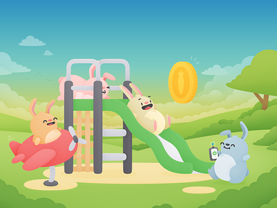 Price Drop - Hero bunnies coin drop hopper illustration landscape plane playground price slide travel