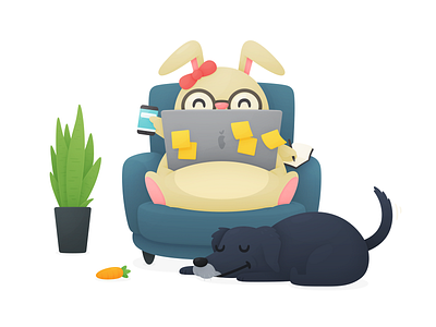 Working Bunny bunny carrot chair cute dog hopper illustration laptop mobile plant travel working