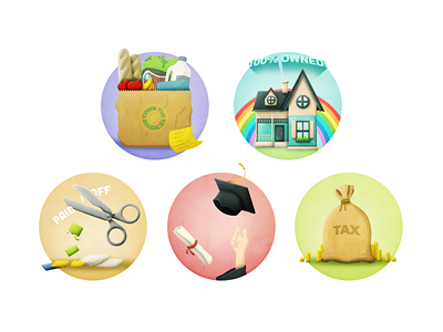 Finder Illustrations digital finance groceries house icons illustration insurance money mortgage scissors shopping tax typography university