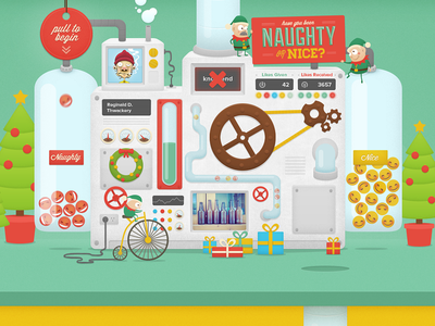 Naughty or Nice Machine baubles card christmas contraption decorations design e card elves emoticons holler illustration machine naughty nice penny farthing pipes tag tree tubes web wheel xmas