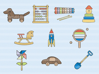 Wooden toys icon pack cymbals dog drum flat icons rocket spaceship toy toys windmill wooden