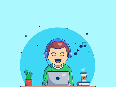 Cute Boy Listening to Music at Home birthday branding cartoon cute design flat graphic design illustration logo music ui ux vector wfh work from home