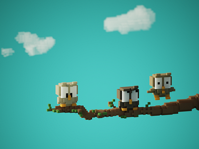 Voxel Owls 3d branch cute cute animals magicavoxel owls tiny voxelart voxels
