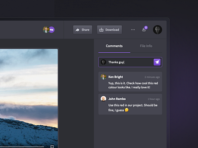 Side panel with comments for Droplr chat comments conversation dark darkmode dashboad droplr purple sidepanel ui ux