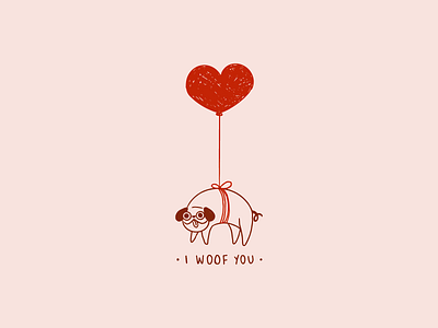 I woof you balloon cartoon cute dog funny heart illustration line art love pug