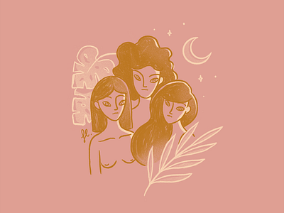 Soul Sisters feminist girl power illustration line art monstera moon plants procreate woman women