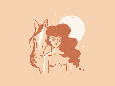 Femme and Fierce brush female girl horse illustration line art moon mystical procreate stars woman