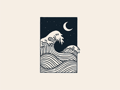 Night sea 🌊 block frame illustration line work logo monochrome moon print sea t shirt