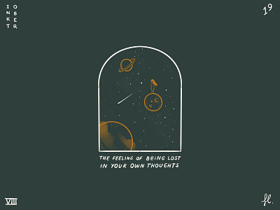 Lost in thoughts galaxy illustration lines minimalistic planets stars universe window woman