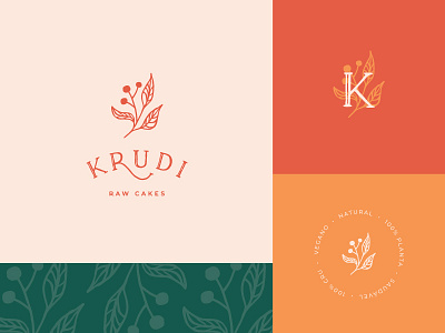 Krudi branding cakes crest custom type fruit illustration leaves lettering logo pattern serif vegan