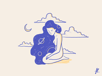 She was Holding The Universe clouds feminine illustration line art minimal moon planets universe woman