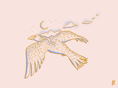 Flight bird dream eagle flying girl gold illustration moon sky woman