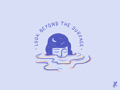 Look beyond the surface female girl illustration lettering moon procreate swimming universe water