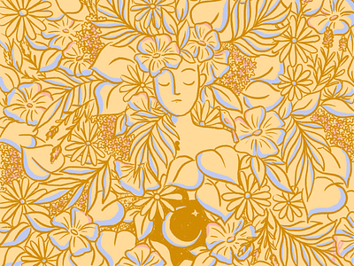 Blossom flowers gold illustration jungle line art magic nature woman