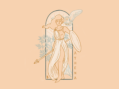 Athena art deco character design greek mythology illustration line art olive tree owl warrior woman
